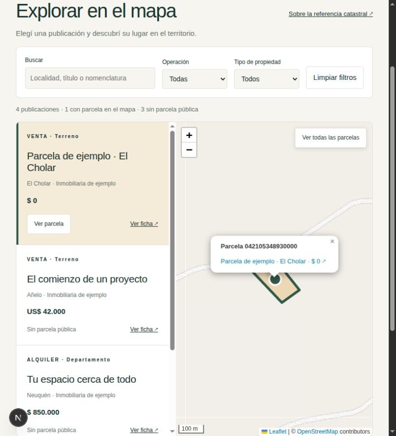 Vista de PORTAL-LAB: listado de publicaciones de demostración junto a un mapa con el contorno de una parcela catastral